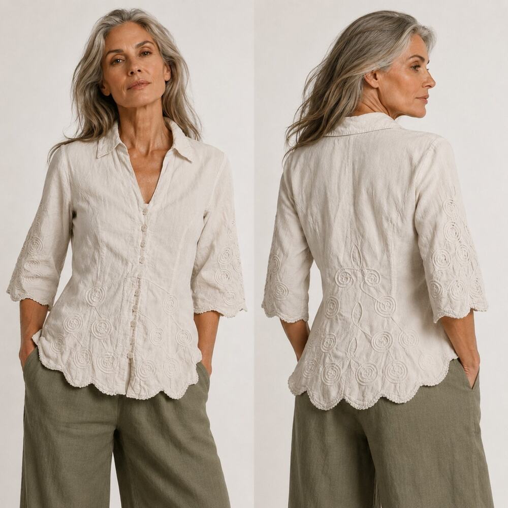 Giocam Casual White Jacket Top Embroidery Stretch Panels Sz L Coastal High End